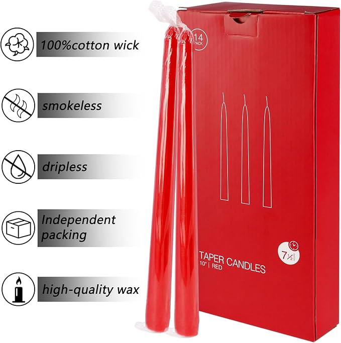 WPONSZU 14 Pack Tall Red Taper Candles 10 Inch Unscented Dripless Candlesticks for Christmas,Valentine's Day,Dinner,Party,Brithday,Wedding and Home Decoration - 8 Hour Burn Time.