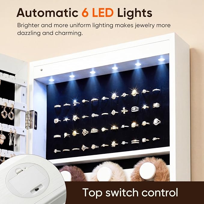 Antok 6 LEDs Jewelry Cabinet with Lock, 50" Full Length Mirror Wall Mounted or Over The Door Jewelry Organizer, Large Capacity Storage for Bedroom&Cloakroom&Entryway, Gift for Women, White