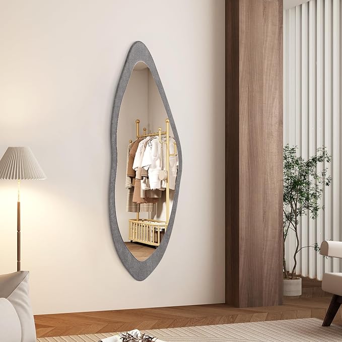 AAZZKANG Wood Mirror Full Length Irregular Large 47"x16" Asymmetrical Full Body Mirrors for Bedroom Living Room Entryway Dressing Room Gray