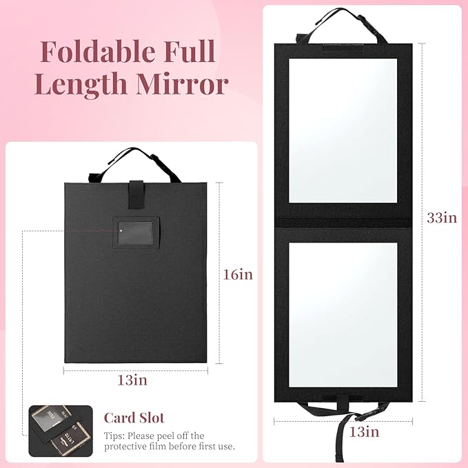 Shinowa Foldable Portable Full Length Mirror for Dancer, Camping and Travel, Shatter-Proof Acrylic Hanging Mirror with Handle, 33x13 Inch Full Body Travel Backstage, Black