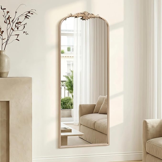 Besdomus Arched Mirror Full Length: 21"x56" French Champagne Gold Vintage Full Body Mirror - Floor Antique Baroque Traditional Ornate for Entryway/Cloakroom/Bedroom - Home Decor for Fashion-Conscious