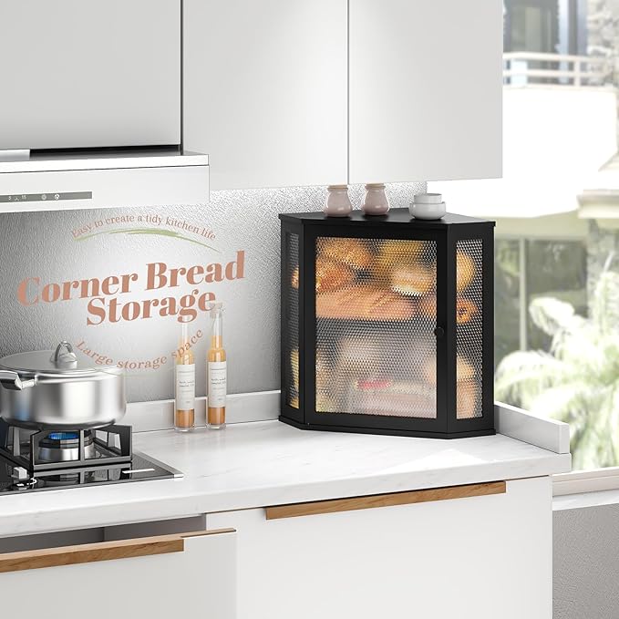 STDDRE Corner Bread Box Kitchen Countertop Extra Large Capacity Farmhouse Bread Box, Corner Countertop Storage, Double Layer Bread Holder (Black, Extra Large)