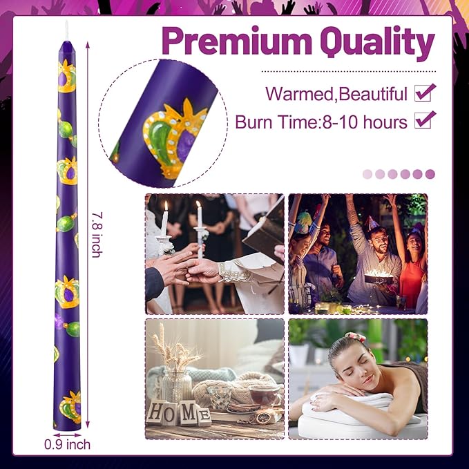 Threlaco 6 Pcs Mardi Gras Taper Candles 9.8" Purple Green Gold Beads Crowns Long Taper Candlesticks New Orleans Decorations Unscented Candles for Mardi Gras Party Gift Home Table Decor