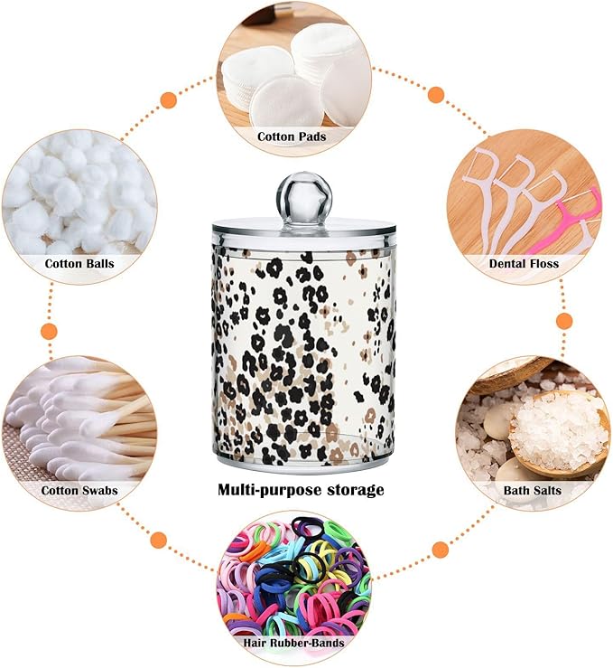 2 Pack Qtip Holder Dispenser for Cotton Ball Brown Floral Leopard Print Cotton Swab Round Pads Clear Plastic Acrylic Jar Set Bathroom Canister