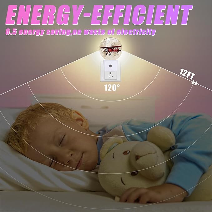 Vintage Airplane Night Light World Map Night Lights LED Lamp Round Plug into Wall Nightlight with Dusk to Dawn Sensor Home Hallway Stairway Kitchen Decor