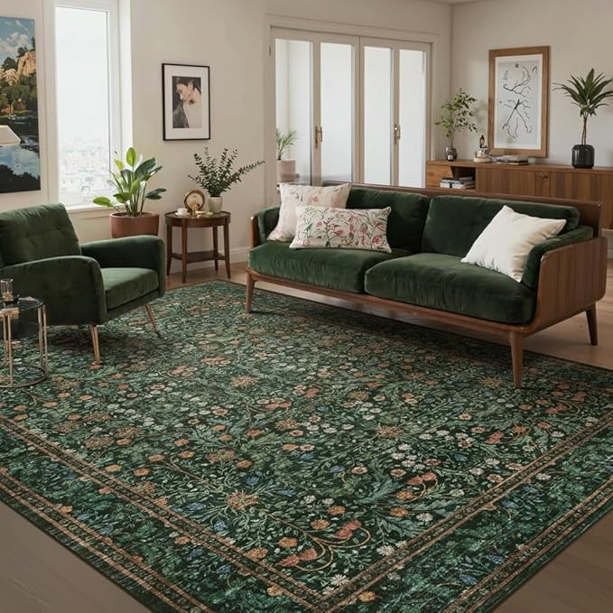 Rugxara 6x9 Area Rugs for Living Room Bedroom, Large Washable Rug, Green Vintage Floral Boho Rug, Non Slip & Low Pile Faux Wool Thin Carpet for Indoor Dining Room and Kids Room(Green 6x9ft)