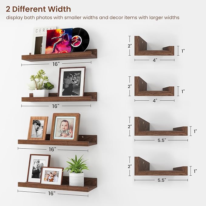 Axeman Picture Ledge Shelf | 16 Inch Walnut Floating Shelves Set of 4 | Rustic Wood Wall Shelves with Lip | 16" Picture Shelves for Wall with Ledge | Walnut Photo Shelves