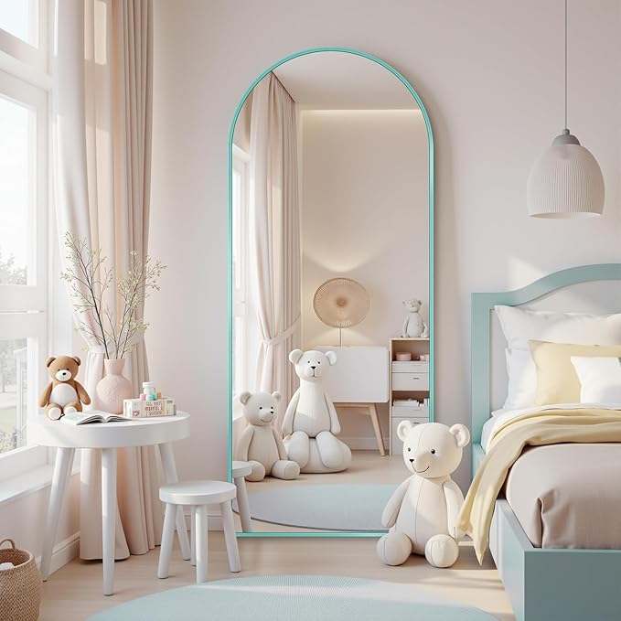 Antok 58" x18” Arched Full Length Floor Mirror, Blue Aluminum Frame, Free Standing/Wall Mount/Leaning for Bedroom, Living Room, Dressing Room