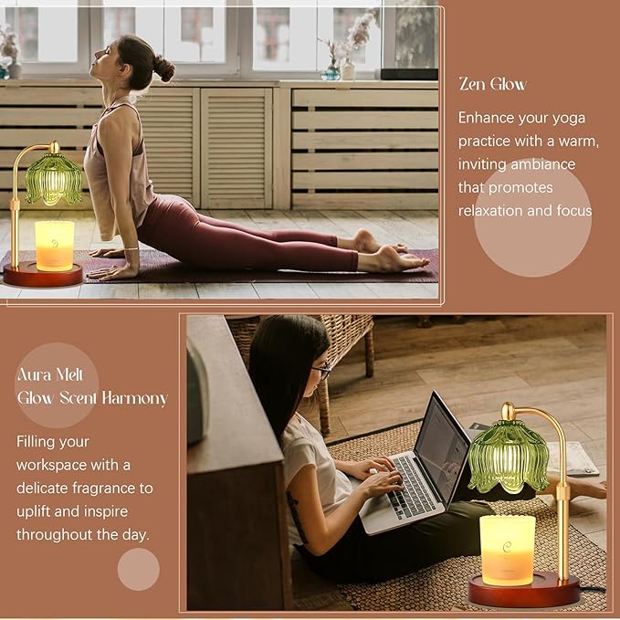 Adjustable Flower Candle Warmer Lamp with Timer, Lotus Tulip Glass Warmer Light for Jar Candles, Electric Wax Warming Melter, Gifts for Women Mom, Vintage Bedroom Decor (Green)