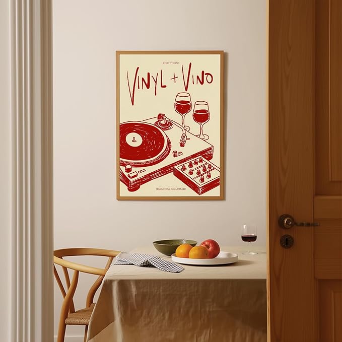 Vintage Wall Art Vinyl & Vino Canvas Poster Trendy Music Poster Retro Music Records Canvas Wall Art Modern Mid Century Vinyl Lover Aesthetic Prints Painting for Home Wall Decor, 16x24inch Unframed