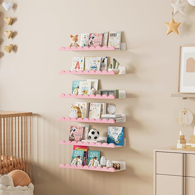 6-Pack Nursery Book Shelves, Scalloped Floating Shelves for Wall Kids, 15.7" Wood Wall Book Shelf for Bedroom Kids, Toddler Room, Baby Room, Nursery Decor,White and Pink