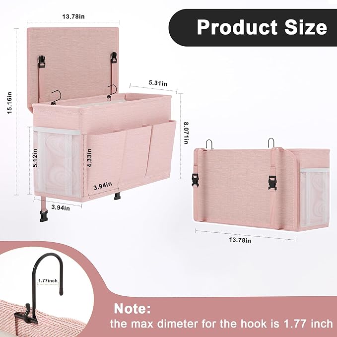 Edudif Dual-purpose Bedside Caddy Bedside Organizer, Bed Caddy with 6 Pockets, Versatile Bedside Storage Solution Magazine Remotes holder, ideal for Home, Dorm, Hospital, Crib Bed (Pink)