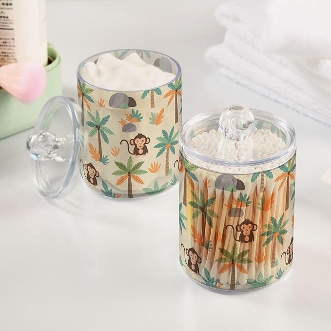 Cartoon Monkey Palm Tree Bathroom Containers Holder with Lids Set Clear Jars 2 Pack Plastic Makeup Storage Organizer 4.13 x 2.75In for Pads Cotton Swabs Hair Clips