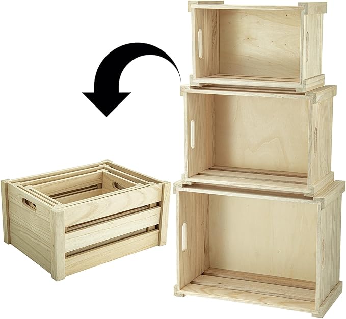 Wooden Crate,Large Nesting Wood Crates with Handles , Decorative Hand Crafted Box Rustic boxes Storage Container for Display, Decor, 2 Side Wooden Clauses. Baskets-Burlywood，Set of 3