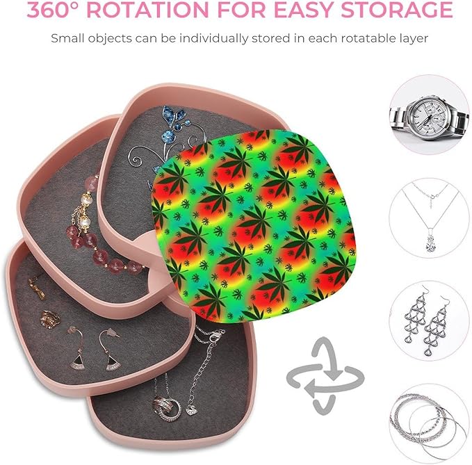 4-Layers Rotating Jewelry Box with Mirror Small Jewelry Storage Box Earring Holder for Bracelets Rings (Rasta Leaf Weedleaf)