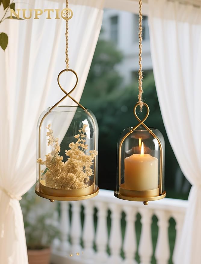 NUPTIO Glass Lanterns Decorative Outdoor: Gold Hurricane Candle Holders for Pillar Candles - Set of 2 Hanging Lantern for Home Thanksgiving Christmas Party Centerpiece