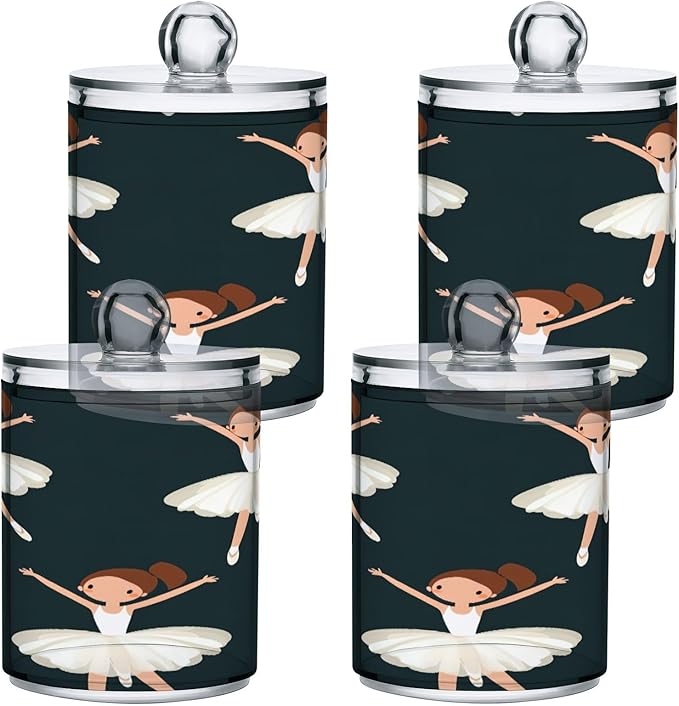 Nander 4Pack Girl Dancing Ballet Qtip Holder Dispenser -Clear Plastic Apothecary Jars Set - Restroom Bathroom Makeup Organizers Containers for Cotton Swab, Ball, Pads, Floss