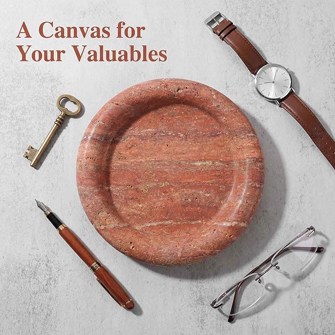 Red Travertine Makeup Organizer Tray - 8inch Round Decorative Storage Tray for Jewelry, Perfume, and Cosmetics | Natural Stone Vanity Tray for Bathroom, Bedroom, Coffee Table