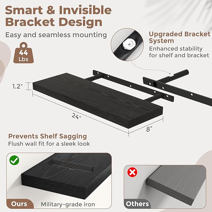 24 Inch Floating Shelves for Wall with Invisible Brackets Set of 2, 8"D Engineered Wood Wall Shelves with Wood Grain for Living Room, Bedroom, Bathroom, Kitchen Decor and Storage, Black Finish