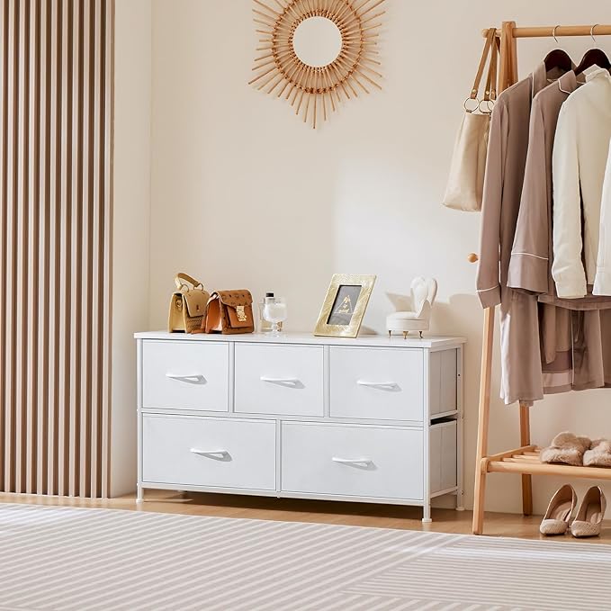 OLIXIS 5 Drawer Dresser for Bedroom, Fabric Storage Tower with Wooden Top and Metal Frame, Dresser Organizer for Living Room Closet Entryway,White