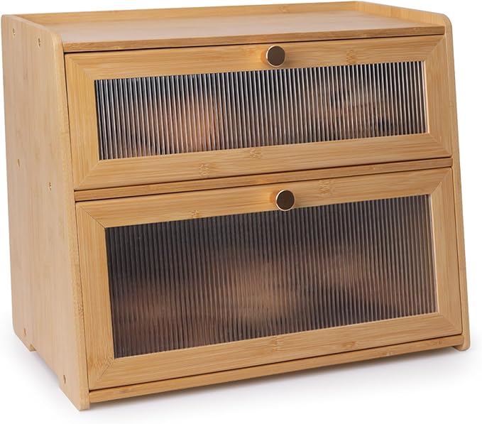 Bamboo Bread Box 2 Tiered for Kitchen Counter-Large Capacity Wood Bread Basket Storage Container Bread Box with Window Bread Holder with Shelf Vitamin Bottle Storage