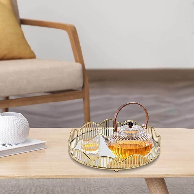 Mirrored Tray, Metal Decorative Gold Mirror Tray, Centerpieces Perfume Holder Decorative Organizer Curve Storage Makeup Bathroom Tray Home Vanity for Dresser Coffee Bathroom Living Room