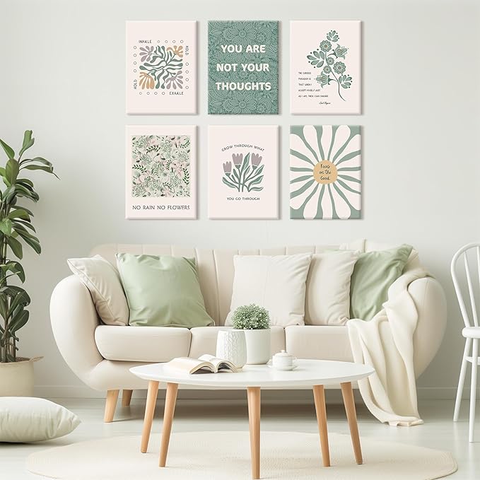 Mental Health Wall Art Therapy Office Canvas Wall Decor Green Motivational Posters Prints Boho Inspirational Quote Pictures Positive Psychology Artwork for Classroom 8x10 Inch Wrapped Canvas 6Pcs