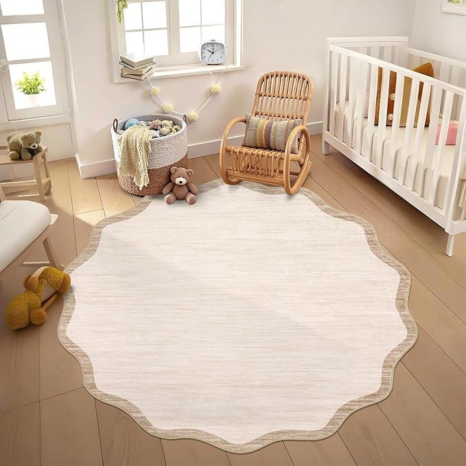 GarveeHome Scalloped Round Rugs 5Ft Washable Area Rug for Playroom, Kids Non-Slip Neutral Classic Circle Rug Modern Large Carpet Soft Boys Rug for Classroom Dorm Bedroom, Beige