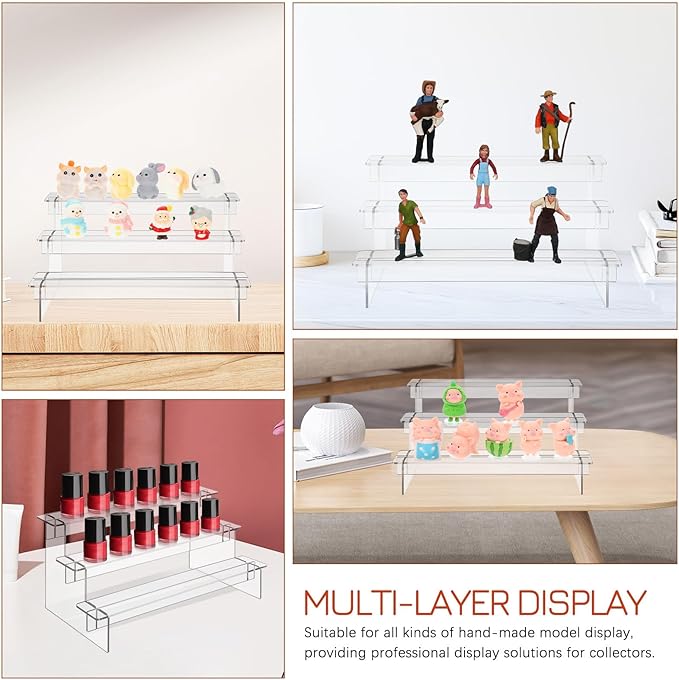 FRCOLOR Acrylic Display Shelf 2pcs Set, 3-tier 29cm Stepped Organizer for Figurines, Jewelry, and Makeup, Acrylic Risers for Desktop Showcase and Storage