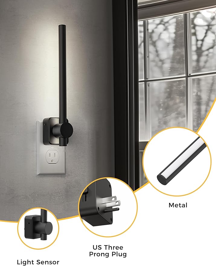 L LOHAS LED Night Light, Dimmable Night Lights Plug into Wall 0-200LM, Dusk to Dawn Sensor, 2W Bathroom Night Lights, Daylight 5000K, Modern Black Plug in Nightlight for Mirror Restroom,1Pack