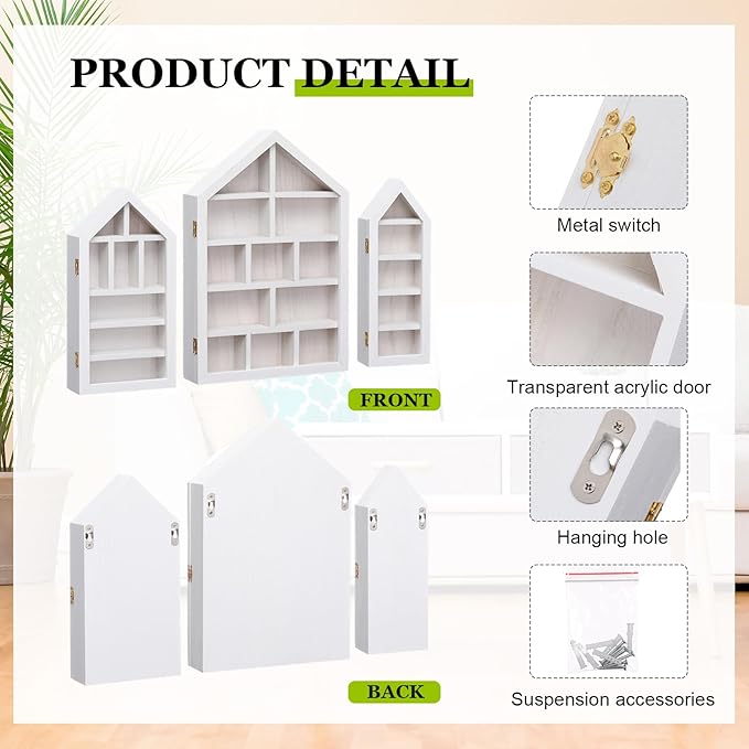 DoubleFill Set of 3 Wooden Trinket Display Shelf Shadow Box with Shelves 10 x 15 Inch Large Wall Mounted Display Storage Mini Figures Curio Trinket Medals Crafts Collections(White,House Shape)