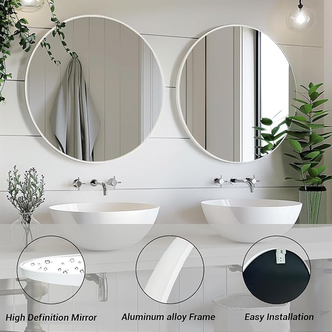 Sunniry White Round Mirror, White Circle Mirror 24 inch, Matte Metal Frame Round Mirrors, Circle Mirrors for Bathroom, Living Room, Bedroom, Hallway.