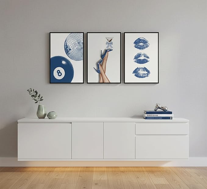 3Pcs Blue Trendy Aesthetic Wall Art, Fashion High-Heeled Shoe Lucky 8 Ball Pictures, Lip Canvas Poster Prints,Y2K Stylish for Girls' Bedroom Dorm Apartment Wall Decor. 24x16in Unframed