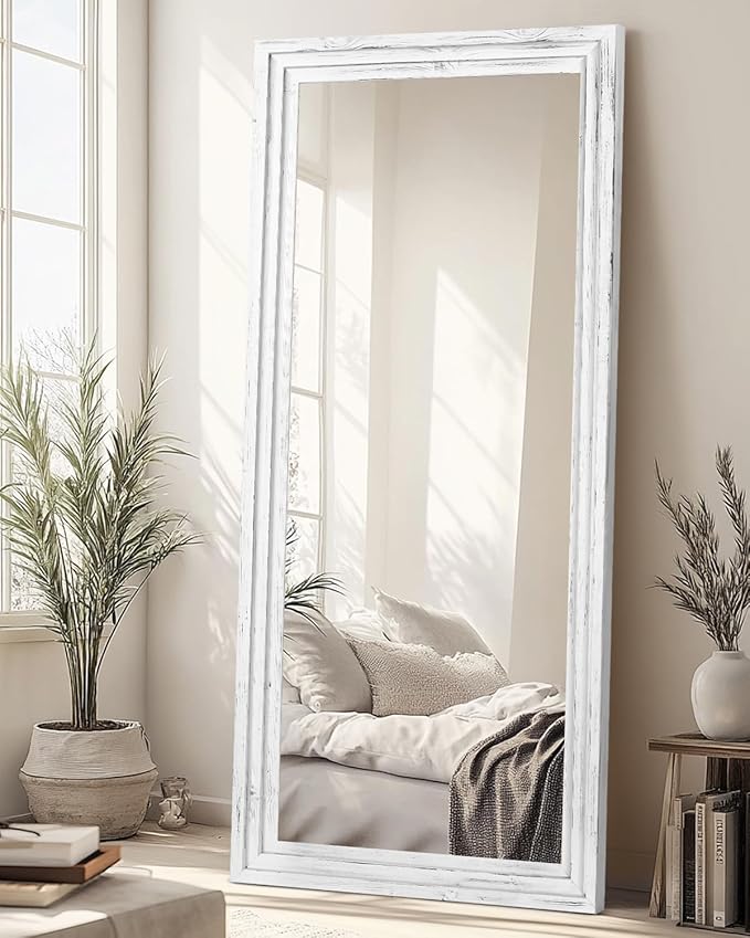 Full Length Mirror 71"x30" Solid Wood Frame Floor Large Mirror for Living Room, Bedroom Hanging or Leaning Wall-Mounted, White