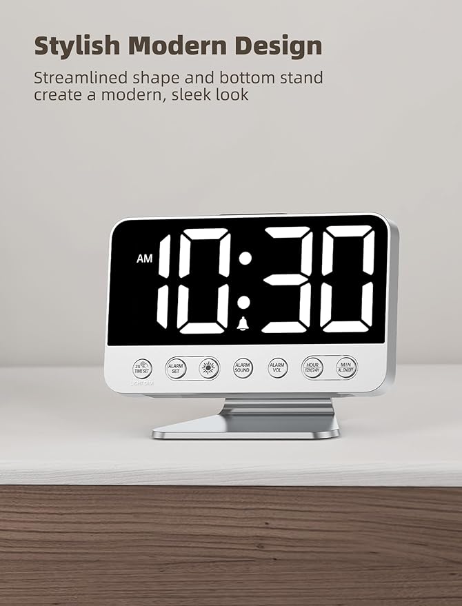Odokee Digital Alarm Clocks for Bedrooms: Large Bold Number 5 Brightness Dimmer - Easy to Read Across The Room - 5 Alarm Sound 8 Night Light - Silver
