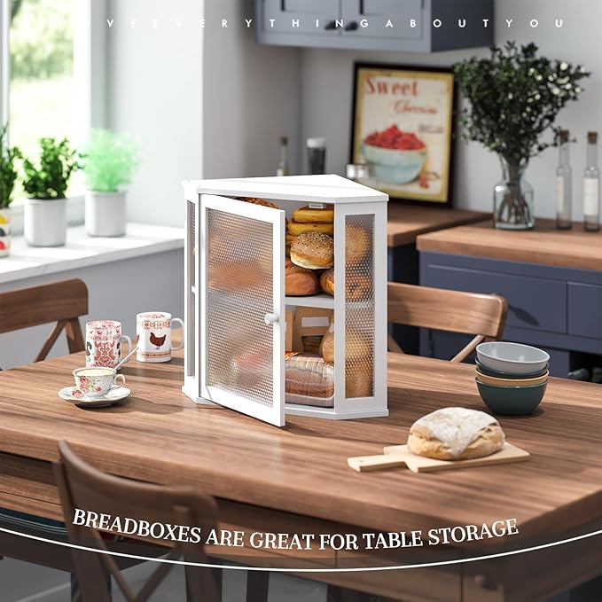 STDDRE Corner Bread Box Kitchen Countertop Extra Large Capacity Farmhouse Bread Box, Corner Countertop Storage, Double Layer Bread Holder (White, Extra Large)
