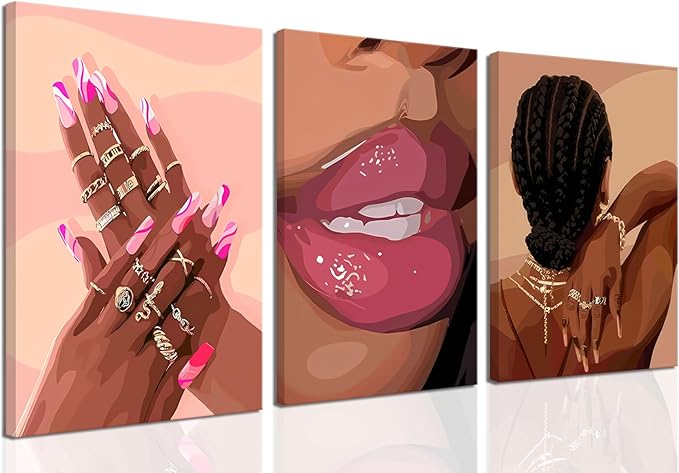 Black Girl Pink Wall Art Set of 3 African American Black Women Canvas Posters Fashion Black Girl Wall Decor Pictures Prints for Home Living Room Bedroom Bathroom Decoration 12x16 Inch Framed
