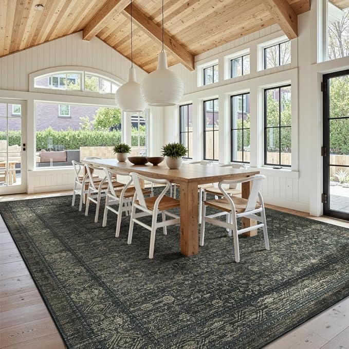 10x14 Washable Area Rug for Living Room, Extra Large,Green Vintage Floral Boho Rugs for Dining Room, Farmhouse, Durable Low Pile Non Slip Carpet for High Traffic Areas, Moss Brown