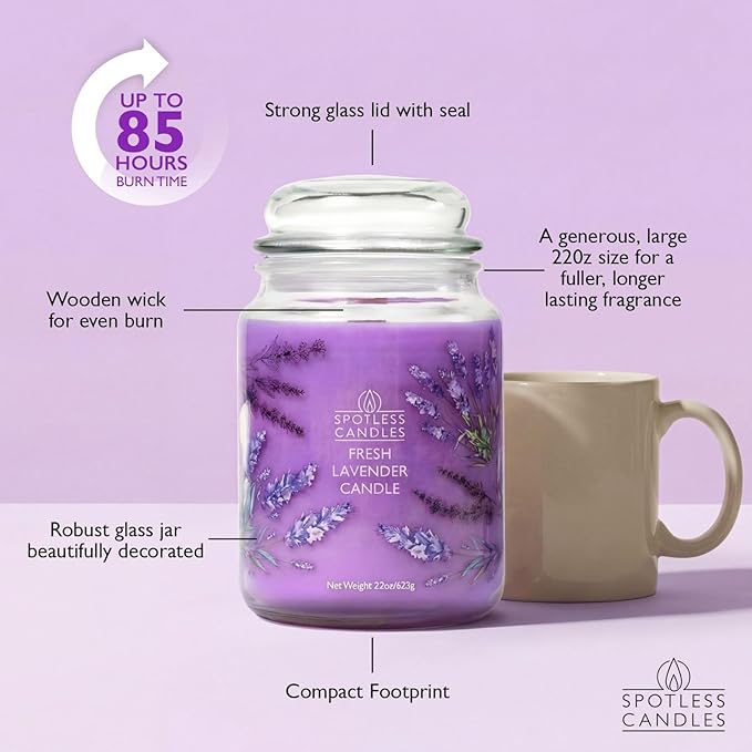 Spotless Leopard Fresh Lavender Candle 22oz Glass Jar with Wooden Wick in a Decorated Jar Within a Presentation Gift Box and Protective Shipping Box