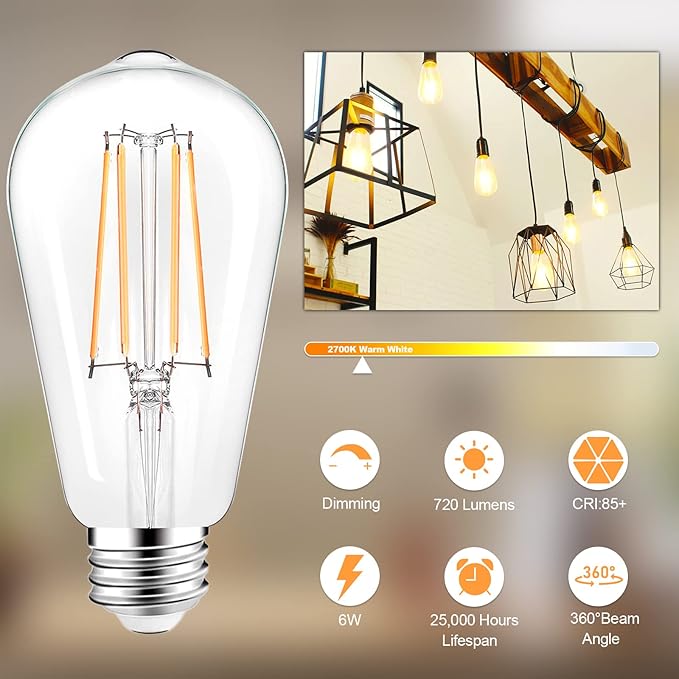 PARTPHONER LED Light Bulbs Dimmable Vintage Edison Bulb, E26 LED Bulb 60W Equivalent 720 Lumens, Warm White 2700K, ST58 Antique LED Filament Bulb CRI 85+, Clear Glass, Pack of 4