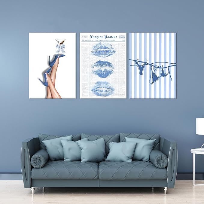 3Pcs Trendy Coquette Wall Art Blue Lips Bikini & Bow Heels Wall Decor Pictures Vintage Martini Newspapaer Canvas Posters Prints for Y2K Girly Room Dorm Apartment Preppy Aesthetic Decor 12x16in