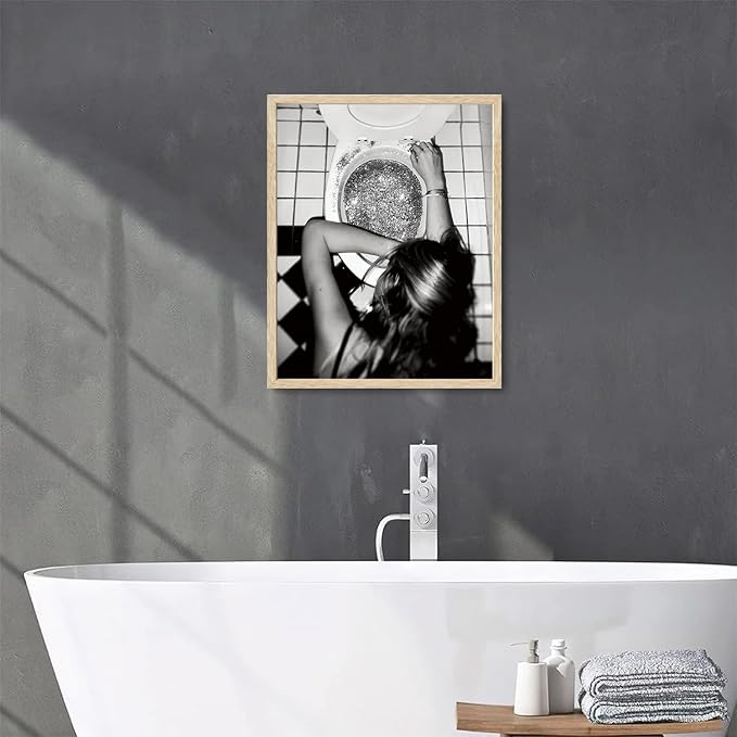 Bwodke OAK Wood Framed Wall Art After the Disco Party Canvas Art Black and White Funny Bathroom Pictures Wall Decor Vintage Prints Trendy Teen Girl Artwork for Girly Dorm Bedroom 16"x20"