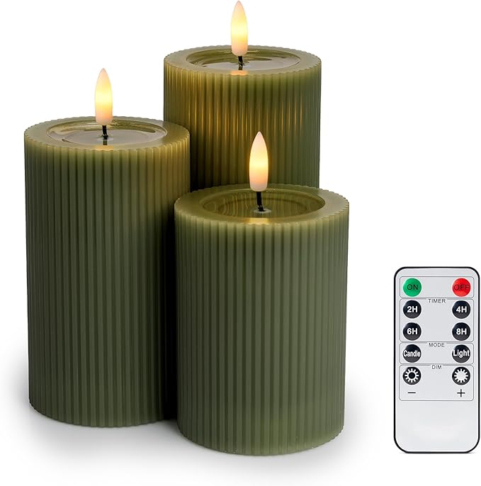 Fluted Ribbed LED Pillar Candles, Loden Green, with Reflective Melted-Wax Effect – Flickering Flame, Remote, Dimmable, Flameless, Battery Operated, Home & Wedding Decor (Set of 3)