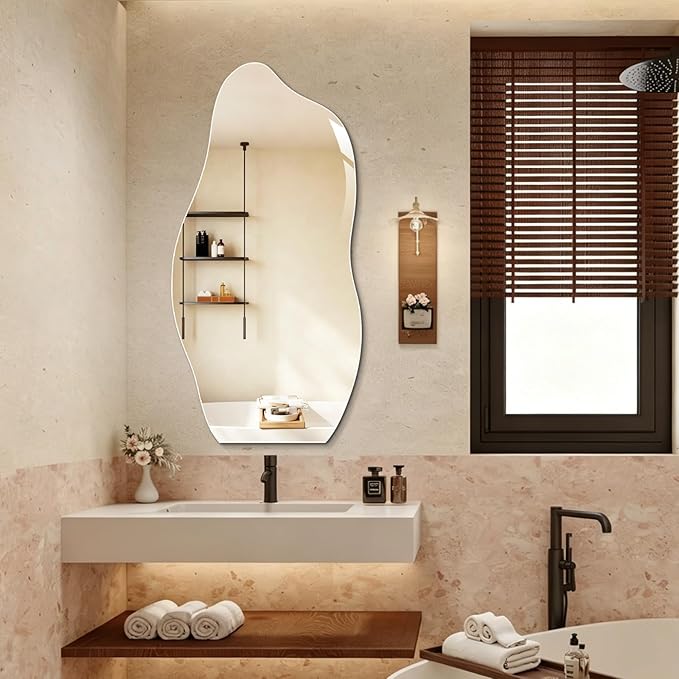 Niccy 48"×24" Frameless Wavy Full Length Mirrors, Long Wall-Mounted Mirror for Living Room, Large Full Body Floor Mirror, Explosion-Proof Tall Hanging-Mirror for Bathroom Bedroom Entryway Decor