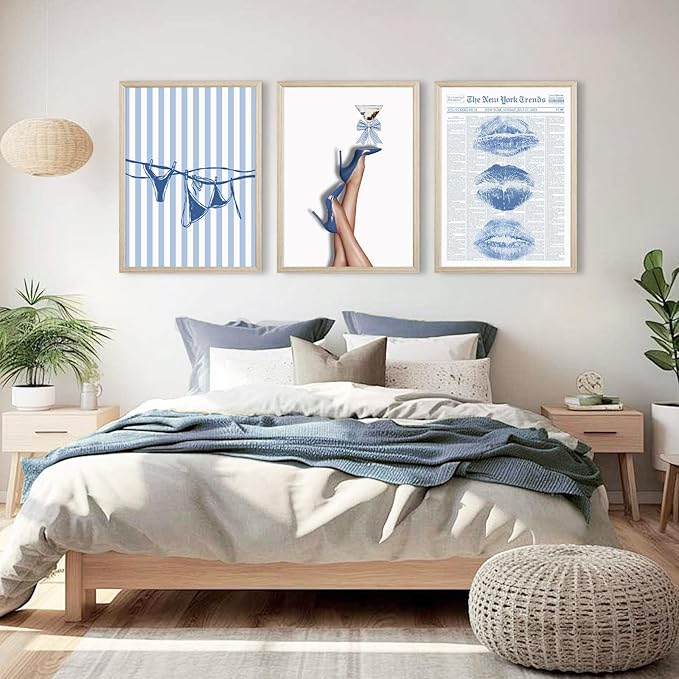 Blue Coquette Wall Art Decor Preppy Trendy Aesthetic Posters Funky Retro Y2k Canvas Wall Art Decor Blue Bow Bikini Lips Prints Girly Room Artwork for Dorm Bedroom 16x24 Inch Wood Framed Set of 3