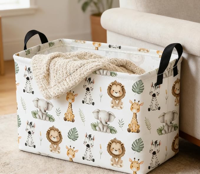 Essme Rectangular Animal Baskets,Kids Storage Box,Cute Basket for Kids with Handles for Room Decor, Book Bins,Shelf Basket.(Leaf Animals)