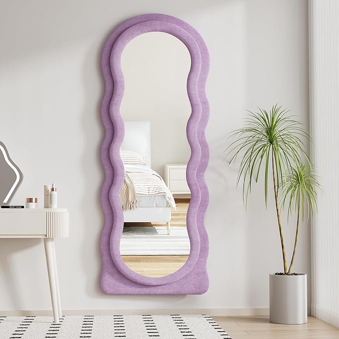 Dewfig Wavy Full Length Mirror with Stand, 63" x 24" Irregular Floor Mirror, Large Floor Length Mirror, Freestanding/Leaning/Wall Mounted, Flannel Wrapped Wooden Frame for Bedroom/Living Room, Purple