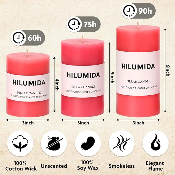 Pink Pillar Candles Set of 3 - Valentines Day Pink Candles Decorations, Hand-Poured Unscented Candle, Smokeless Decorative Candle for Home, Set of 3 in Different Sizes (4", 5", 6")