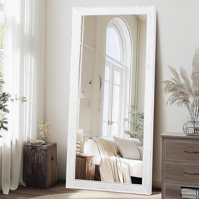 Oversized White Full Length Mirror 71"x32" - Solid Wood Beveled Frame Wall Leaning or Hanging Mirror - Rustic Farmhouse Style for Bedroom, Entryway, Living Room