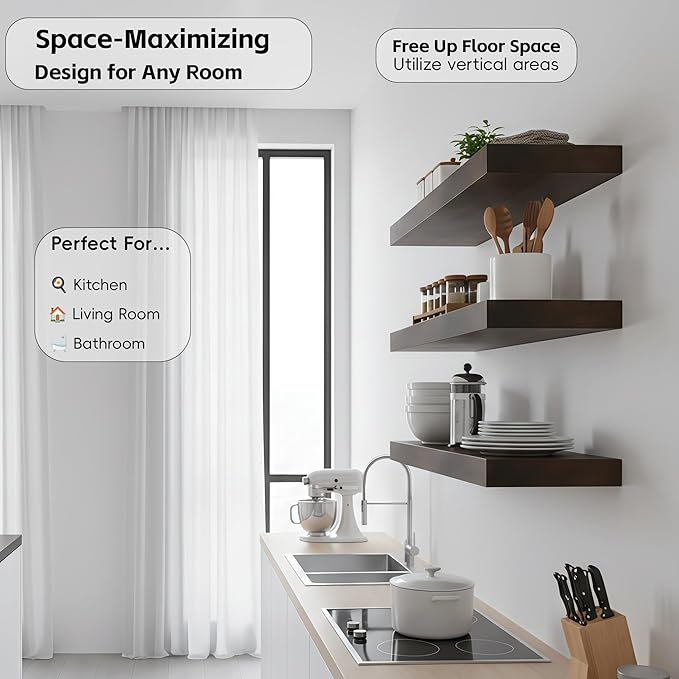Lufia Floating Wall Shelves, Set of 4, MDF with Invisible Brackets, Modern Storage for Bedroom, Bathroom, Living Room, Kitchen (Rustic Brown, 15.8" W x 5.5" D x 1.2" H)